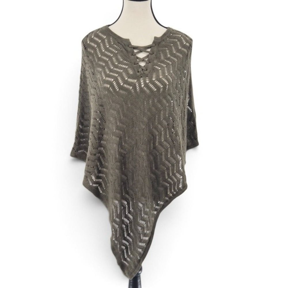 Le Chateau Olive Open Knit Lace Up Poncho Sweater One Size Linen Blend Bohemian